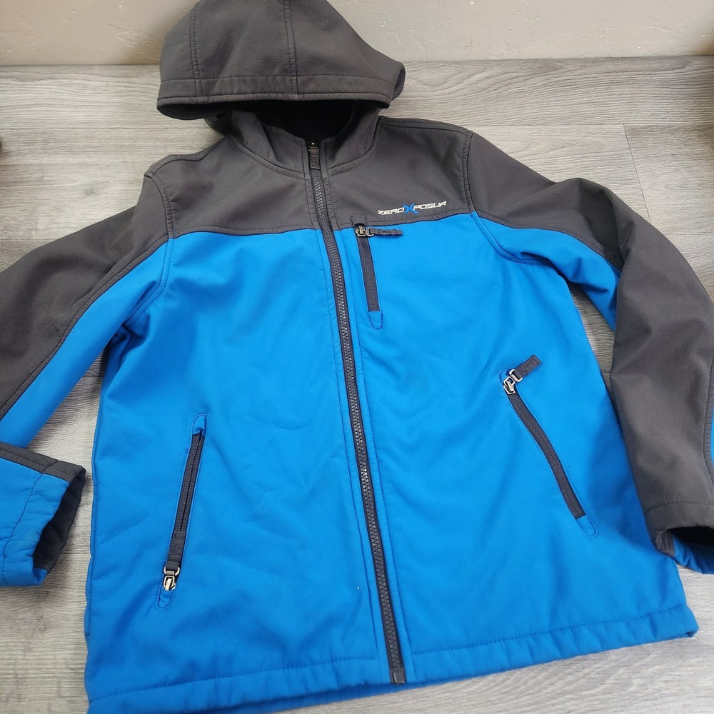 Zero Exposure Boys Softshell Hooded Jacket Blue Gray Size Zip Front Pockets‎
